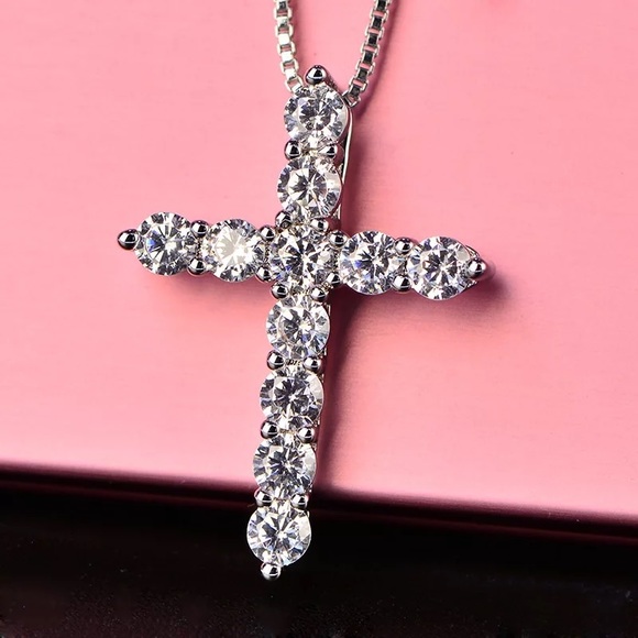 CZ Cross pendant and necklace (silver) - Picture 2 of 6